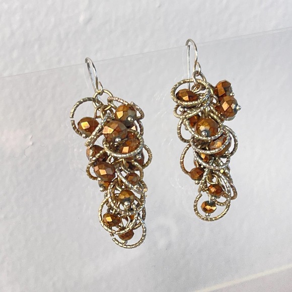 Coppery Metallic Beaded Geometric Earrings Neutral Faceted Beads Golden Pierced - Picture 2 of 4